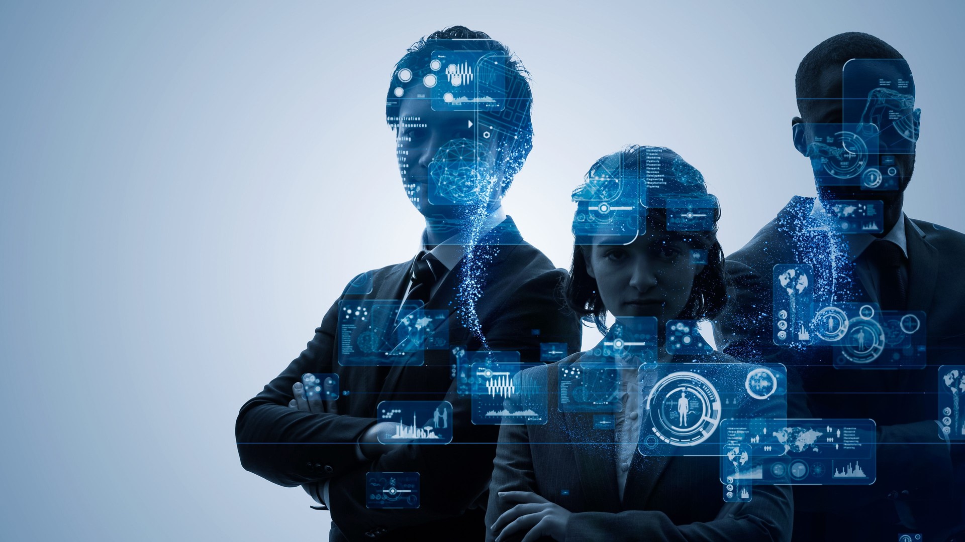 Business and AI technology concept. Silhouettes of group of businessperson. Human resources.
