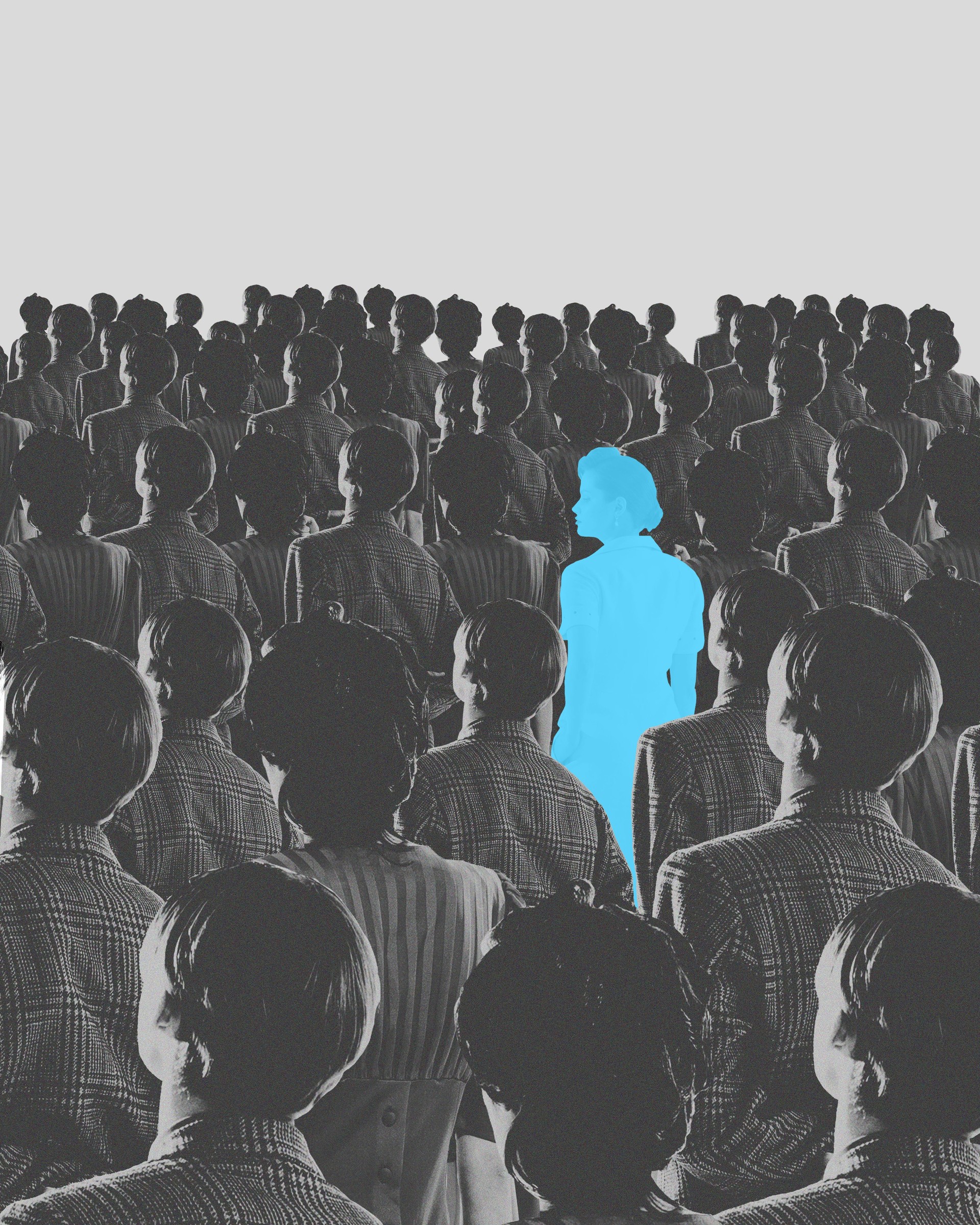 Blue silhouette pf person standing in monochrome crowd of different people. Conceptual design. Individualism in modern society.